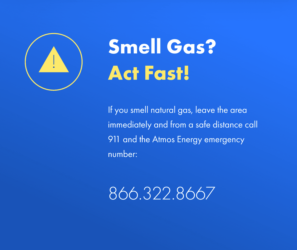 Smell Gas? Act Fast!  Call 866-322-8667