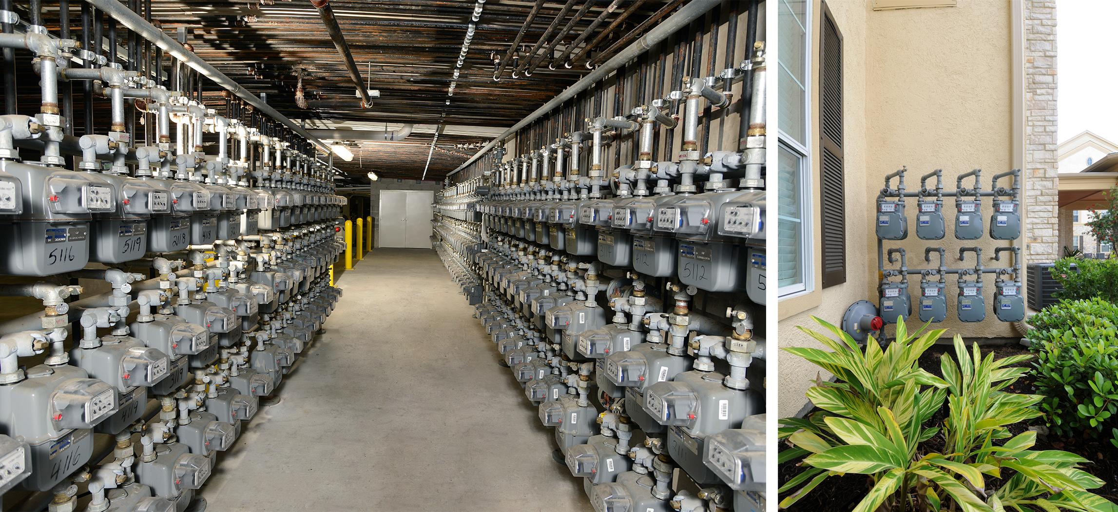 an aisle with multi-family gas meters to the left and right